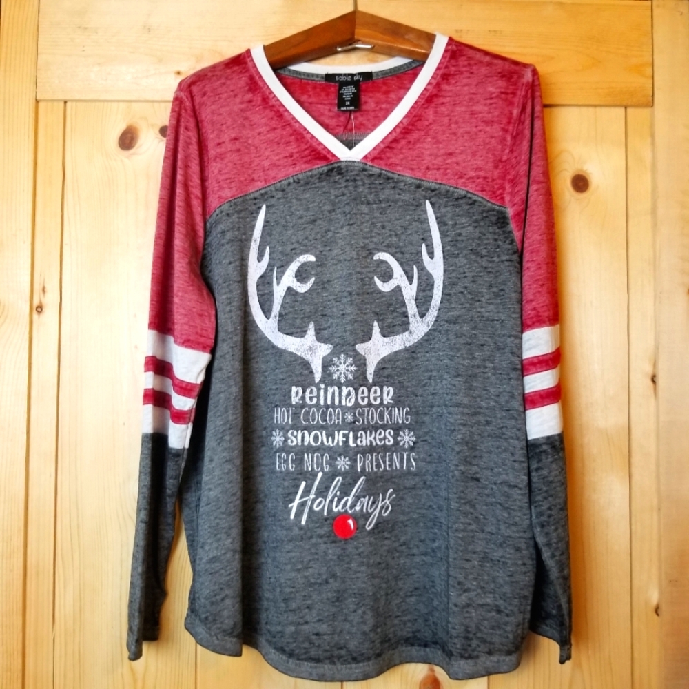 Sable Sky Holiday Christmas Reindeer Rudolph Jersey Style Long Sleeve Shirt NWT